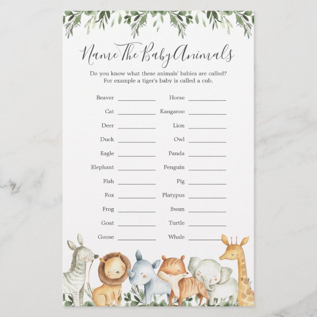 Safari Animals Baby Shower Name The Baby Animals (Front)
