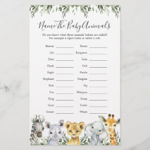 Safari Animals Baby Shower Name The Baby Animals