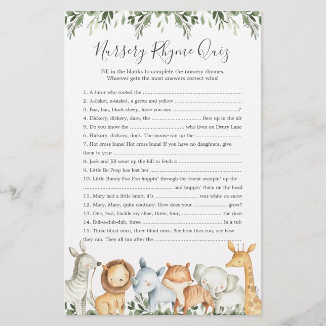 Safari Animals Baby Shower Nursery Rhyme Quiz Game (Front)