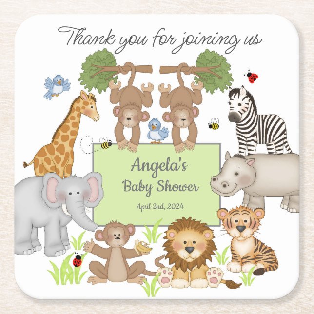 Safari Animals Baby Shower Party  Square Paper Coaster (Front)