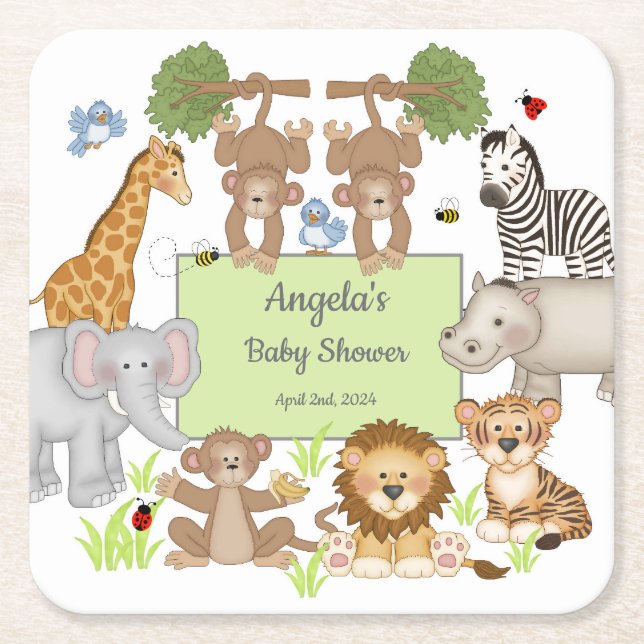 Safari Animals Baby Shower Party Tableware Square Paper Coaster (Front)