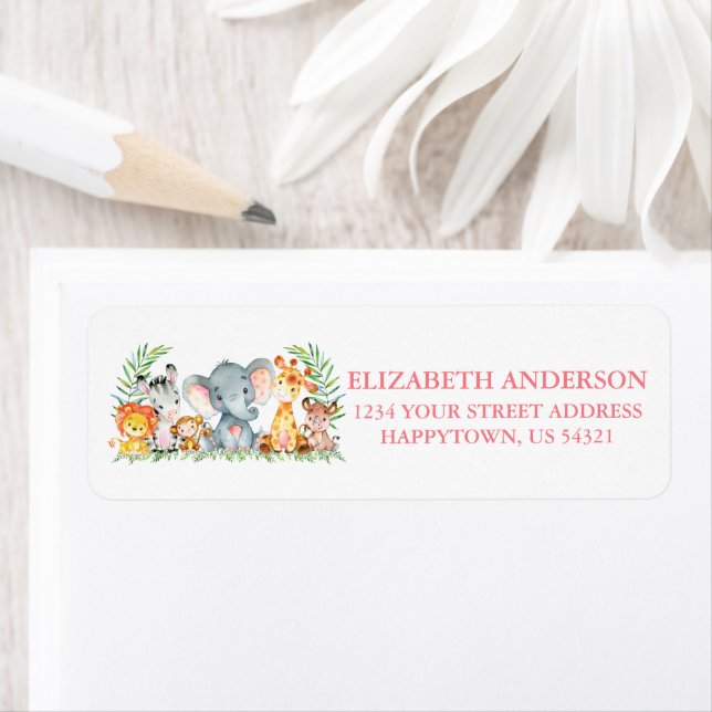Safari Animals Baby Shower Pink Return Address (Insitu)