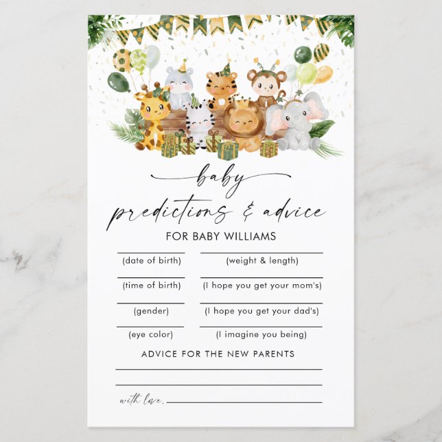 Safari Animals Baby Shower Predictions Card (Front)