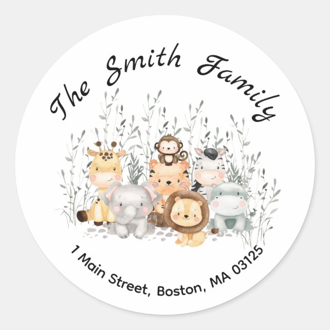 Safari Animals Baby Shower Return Address Classic Round Sticker (Front)