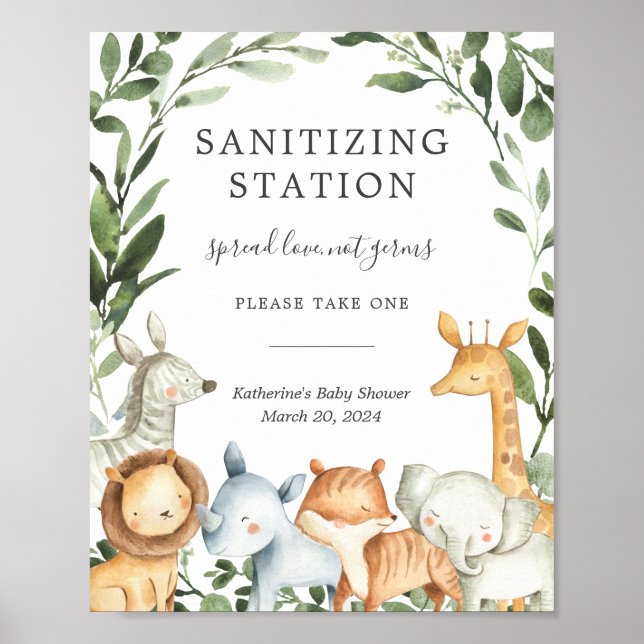 Safari Animals Baby Shower Sanitizing Station Sign (Front)