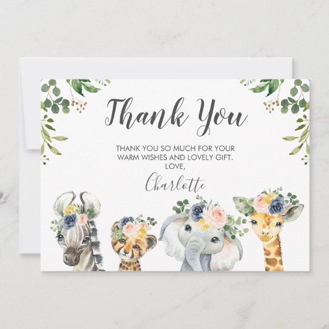 Safari Animals Baby Shower Thank You Card (Front)