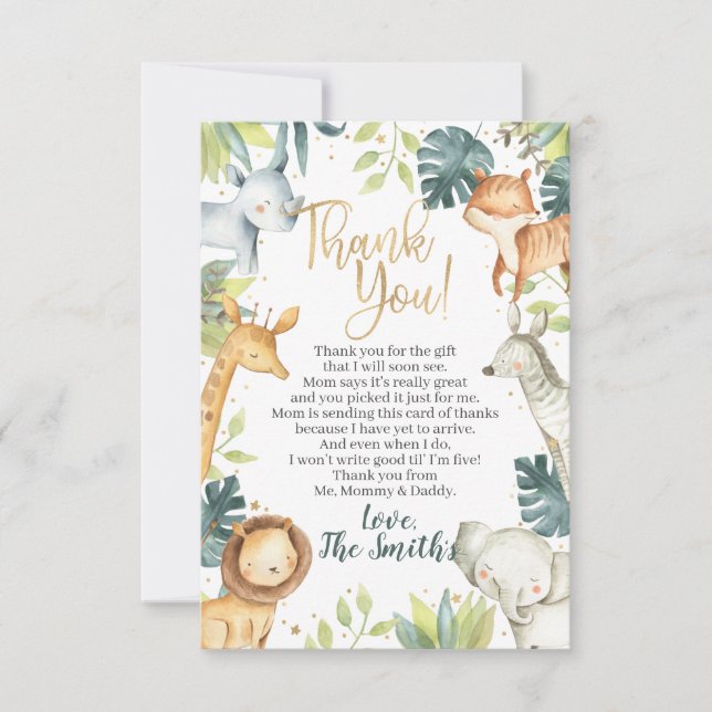 Safari Animals Baby Shower Thank You Cards (Front)