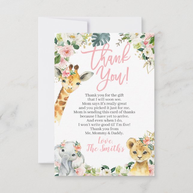 Safari Animals Baby Shower Thank You Cards Girl (Front)