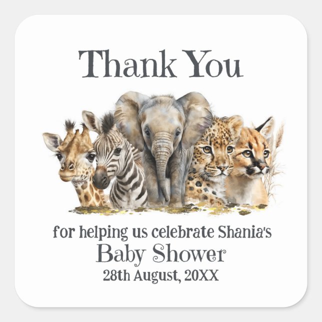 Safari Animals Baby Shower Thank You Square Sticker (Front)