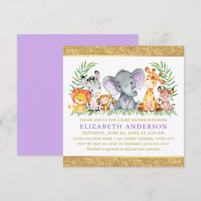 Safari Animals Baby Shower Violet Gold Glitter Sq Invitation (Front/Back)