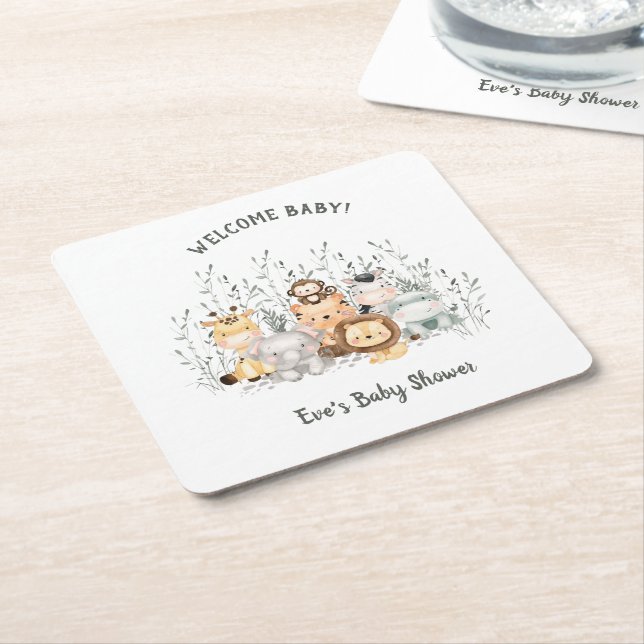 Safari Animals Baby Shower Welcome Baby Square Paper Coaster (Angled)