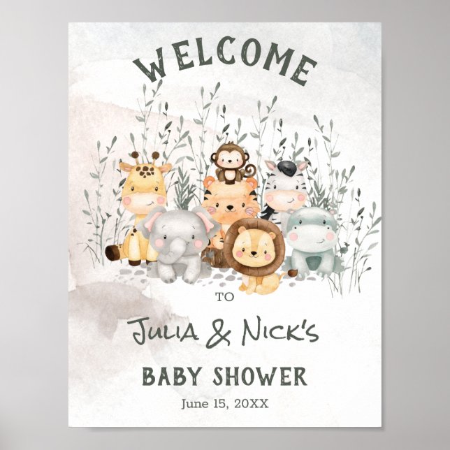 Safari Animals Baby Shower Welcome Poster (Front)