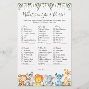 Safari Animals Baby Shower What's in Your Purse