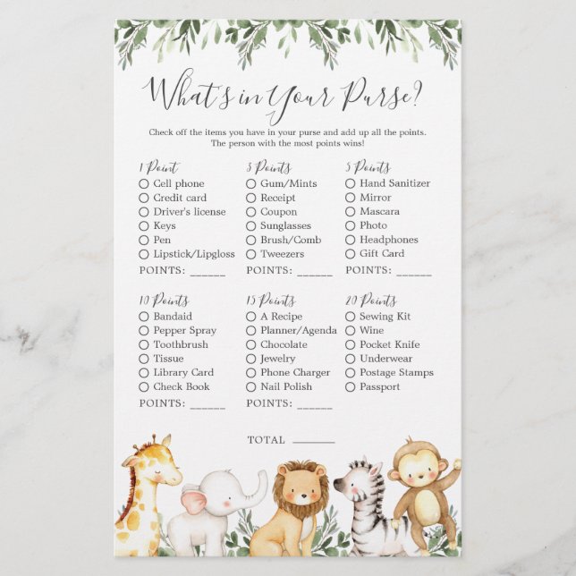 Safari Animals Baby Shower What's in Your Purse (Front)