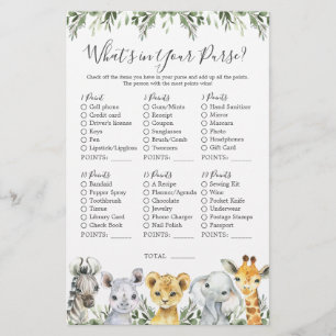 Safari Animals Baby Shower What's in Your Purse
