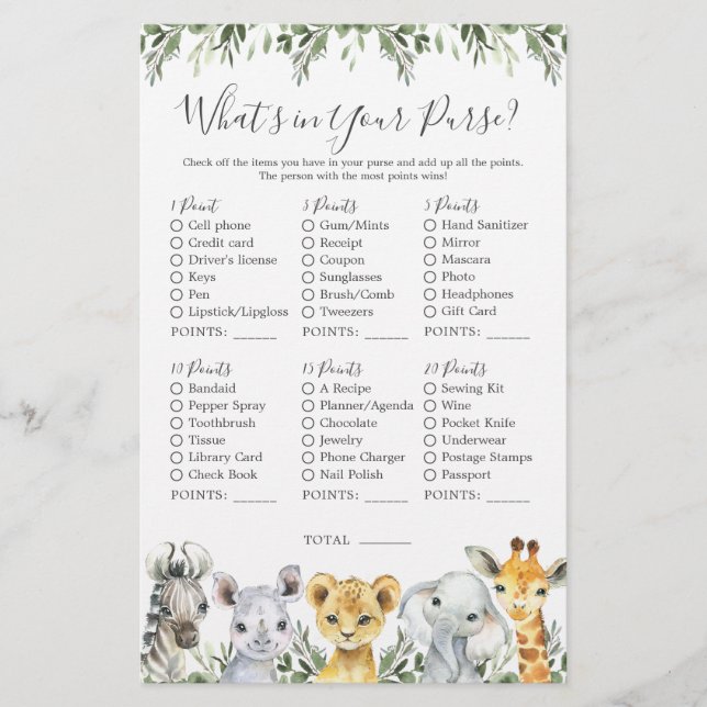 Safari Animals Baby Shower What's in Your Purse (Front)