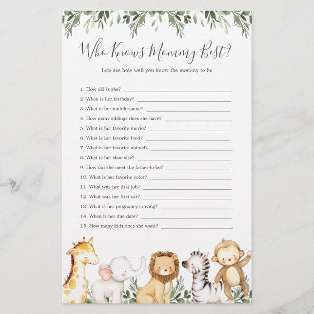 Safari Animals Baby Shower Who Knows Mummy Best (Front)