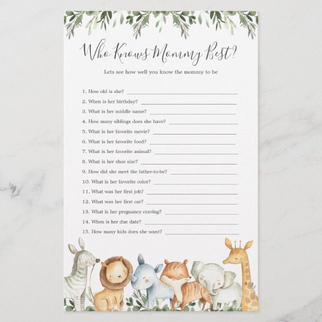 Safari Animals Baby Shower Who Knows Mummy Best (Front)