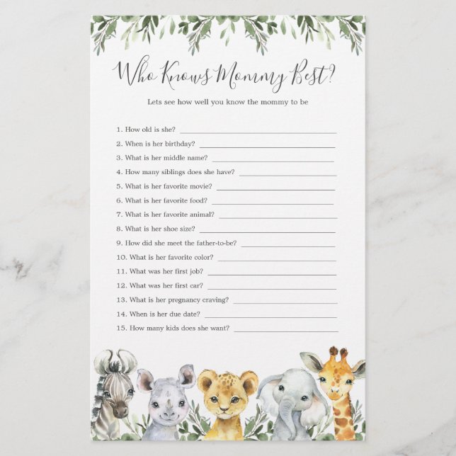 Safari Animals Baby Shower Who Knows Mummy Best (Front)