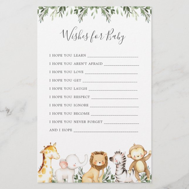 Safari Animals Baby Shower Wishes For Baby (Front)
