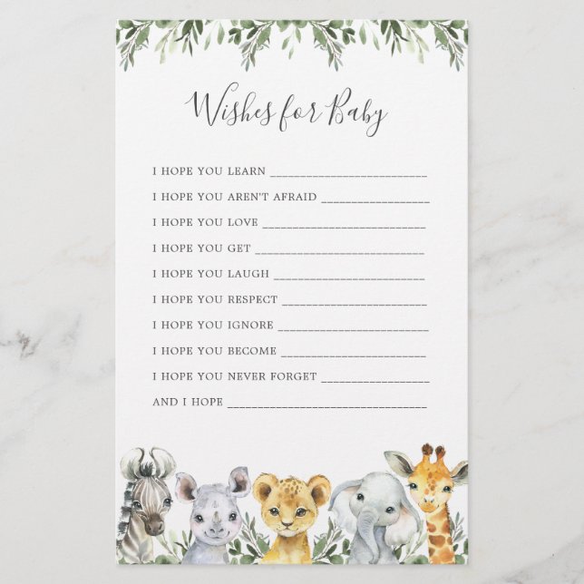 Safari Animals Baby Shower Wishes For Baby (Front)