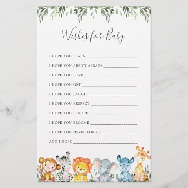 Safari Animals Baby Shower Wishes For Baby (Front)