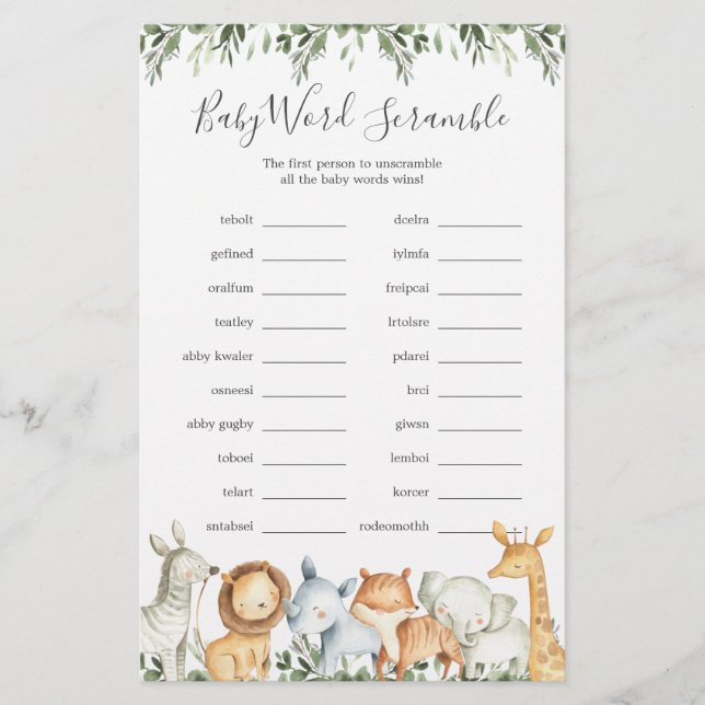 Safari Animals Baby Shower Word Scramble Game (Front)