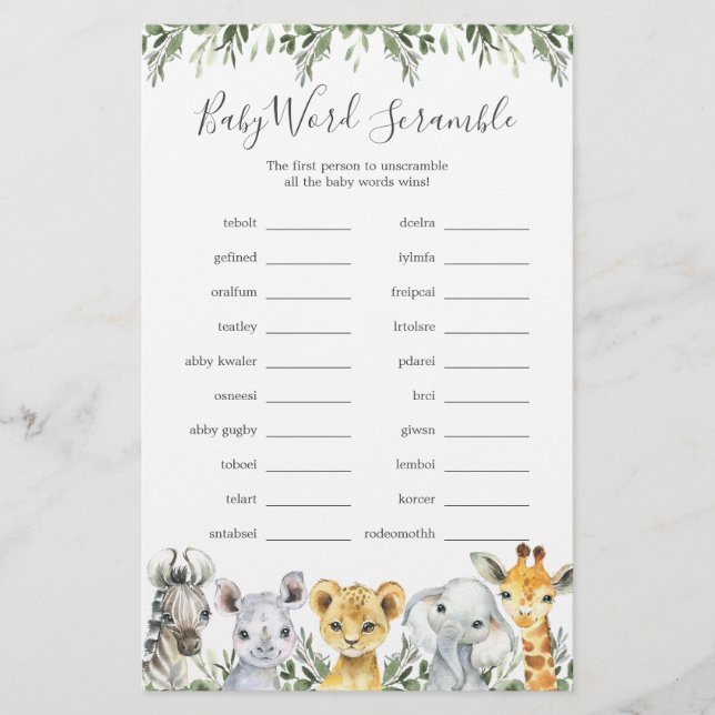 Safari Animals Baby Shower Word Scramble Game (Front)