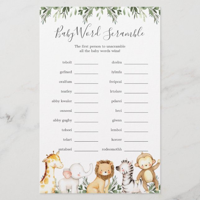 Safari Animals Baby Shower Word Scramble Game (Front)