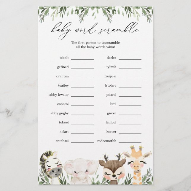 Safari Animals Baby Shower Word Scramble Game (Front)