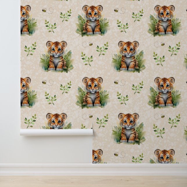 Safari Animals Baby Tiger Cub Greenery on Cream Wallpaper (Application)