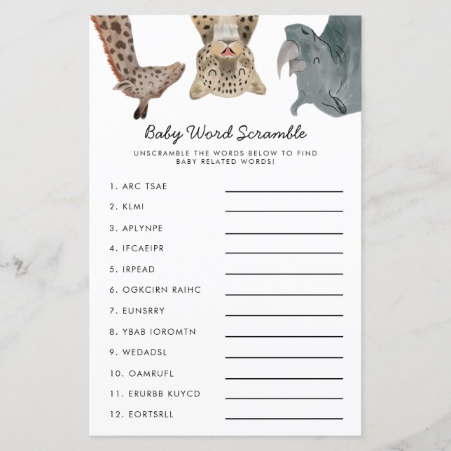 Safari Animals Baby Word Scramble Game (Front)