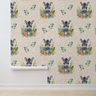 Safari Animals Baby Zebra Greenery on Cream Wallpaper