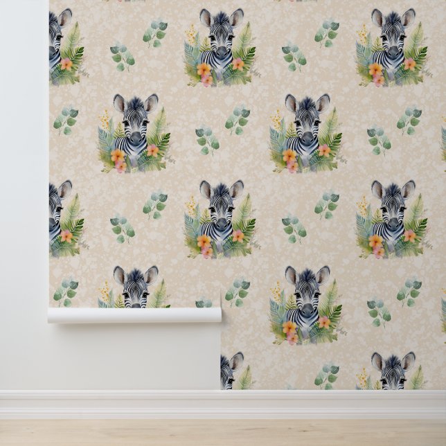 Safari Animals Baby Zebra Greenery on Cream Wallpaper (Application)