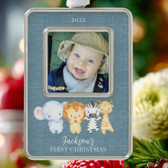 Safari Animals Baby's First Christmas Photo Silver Plated Framed Ornament (Creator Uploaded)
