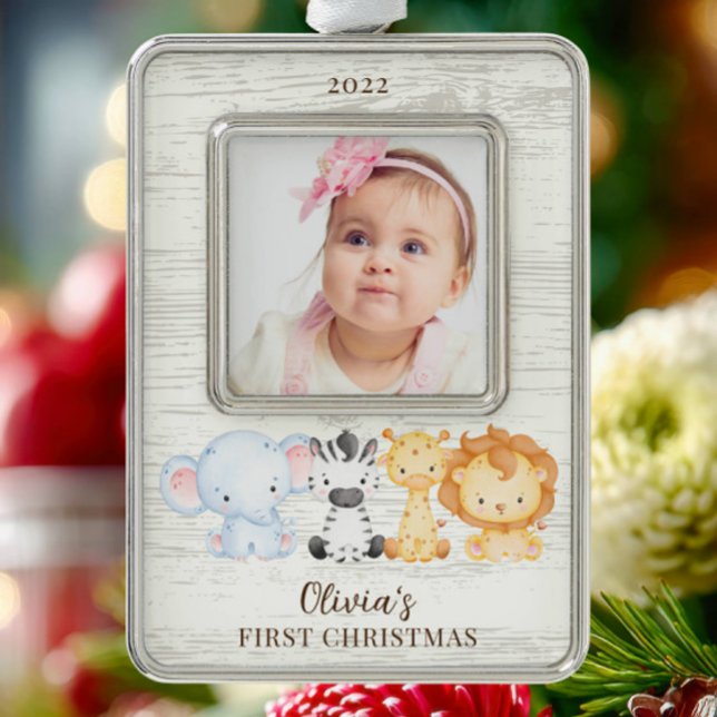 Safari Animals Baby's First Silver Plated Framed Ornament (Creator Uploaded)