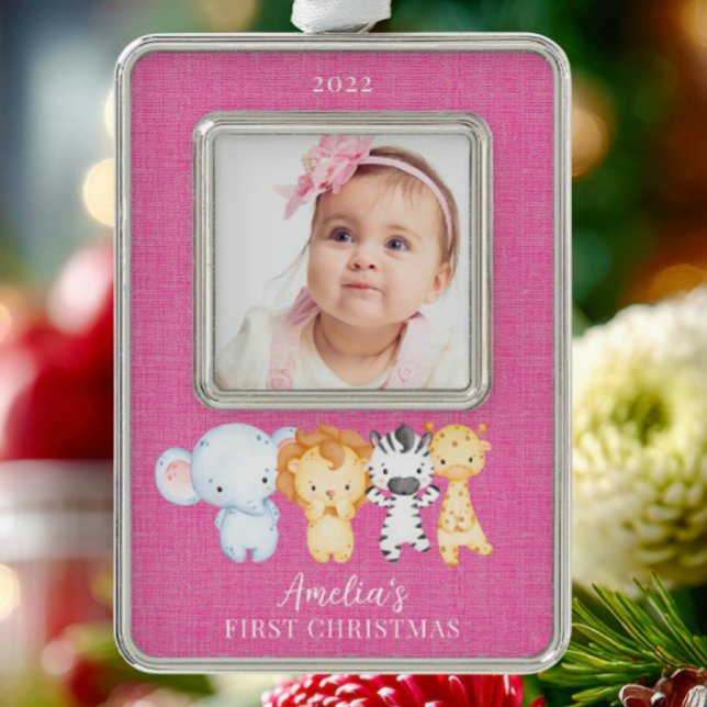 Safari Animals Baby's First  Silver Plated Framed Ornament (Creator Uploaded)