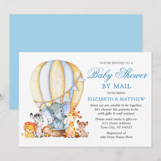 Safari Animals Balloon Blue Baby Shower by Mail Invitation (Front/Back)