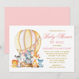 Safari Animals Balloon Pink Bow Shower by Mail Invitation
