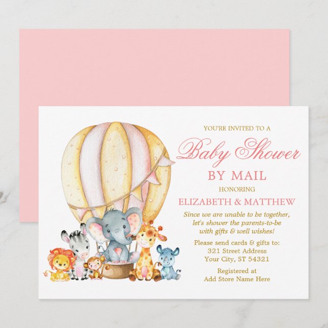 Safari Animals Balloon Pink Gold Shower by Mail Invitation (Front/Back)