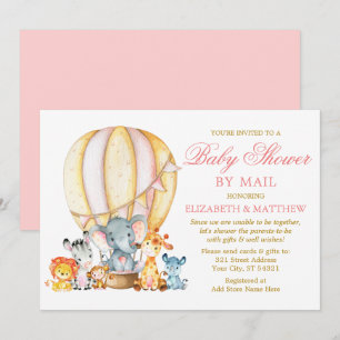 Safari Animals Balloon Pink Gold Shower by Mail Invitation
