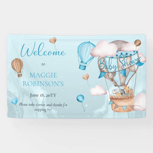 Safari Animals Balloons Blue Boy Baby Shower  Banner (Horizontal)