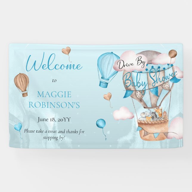 Safari Animals Balloons Drive By Boy Baby Shower  Banner (Horizontal)