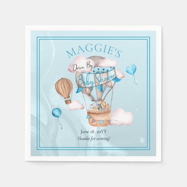 Safari Animals Balloons Drive By Boy Baby Shower Napkin (Front)