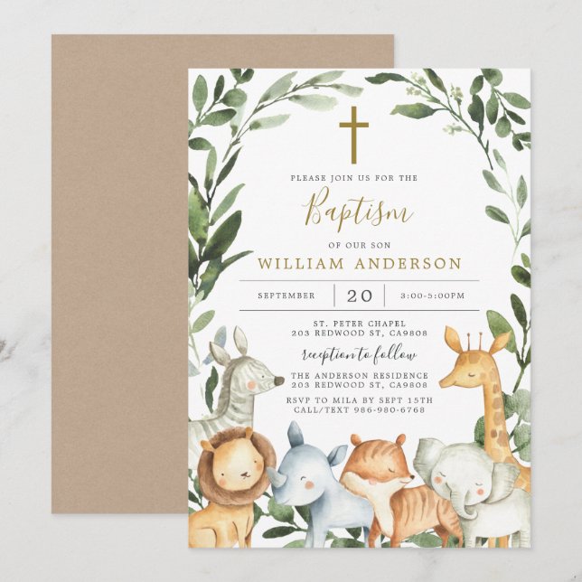 Safari Animals Baptism/Christening Invitation (Front/Back)