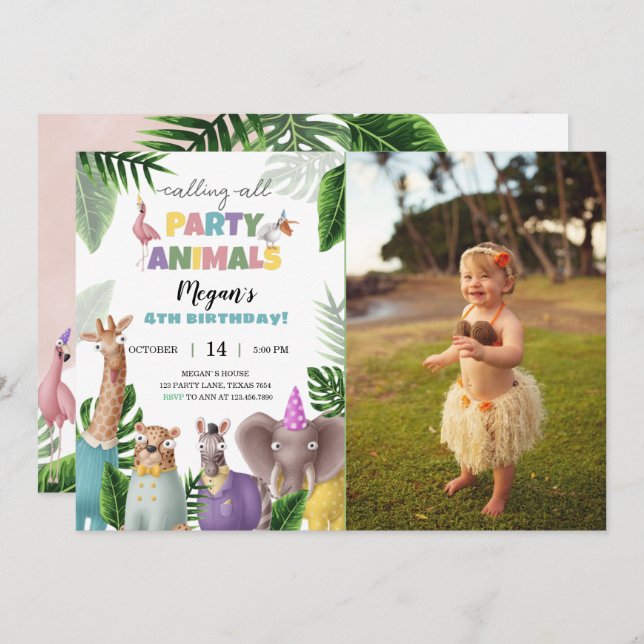 Safari Animals Birthday Invitation With Photo (Front/Back)