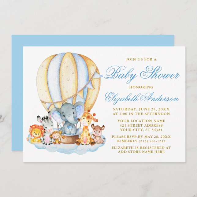 Safari Animals Blue Air Balloon Clouds Baby Shower Invitation (Front/Back)