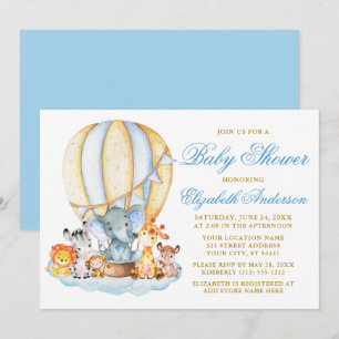 Safari Animals Blue Air Balloon Clouds Baby Shower Invitation