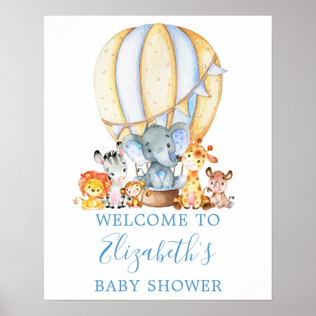 Safari Animals Blue Balloon Baby Shower Welcome Poster (Front)
