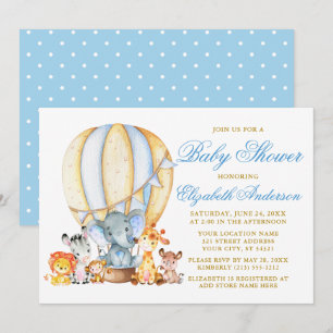 Safari Animals Blue Balloon Dots Baby Shower Invitation